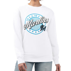 Miami Marlins G-III 4Her by Carl Banks Women's Pinstripe Circle Team Fleece Pullover Sweatshirt White