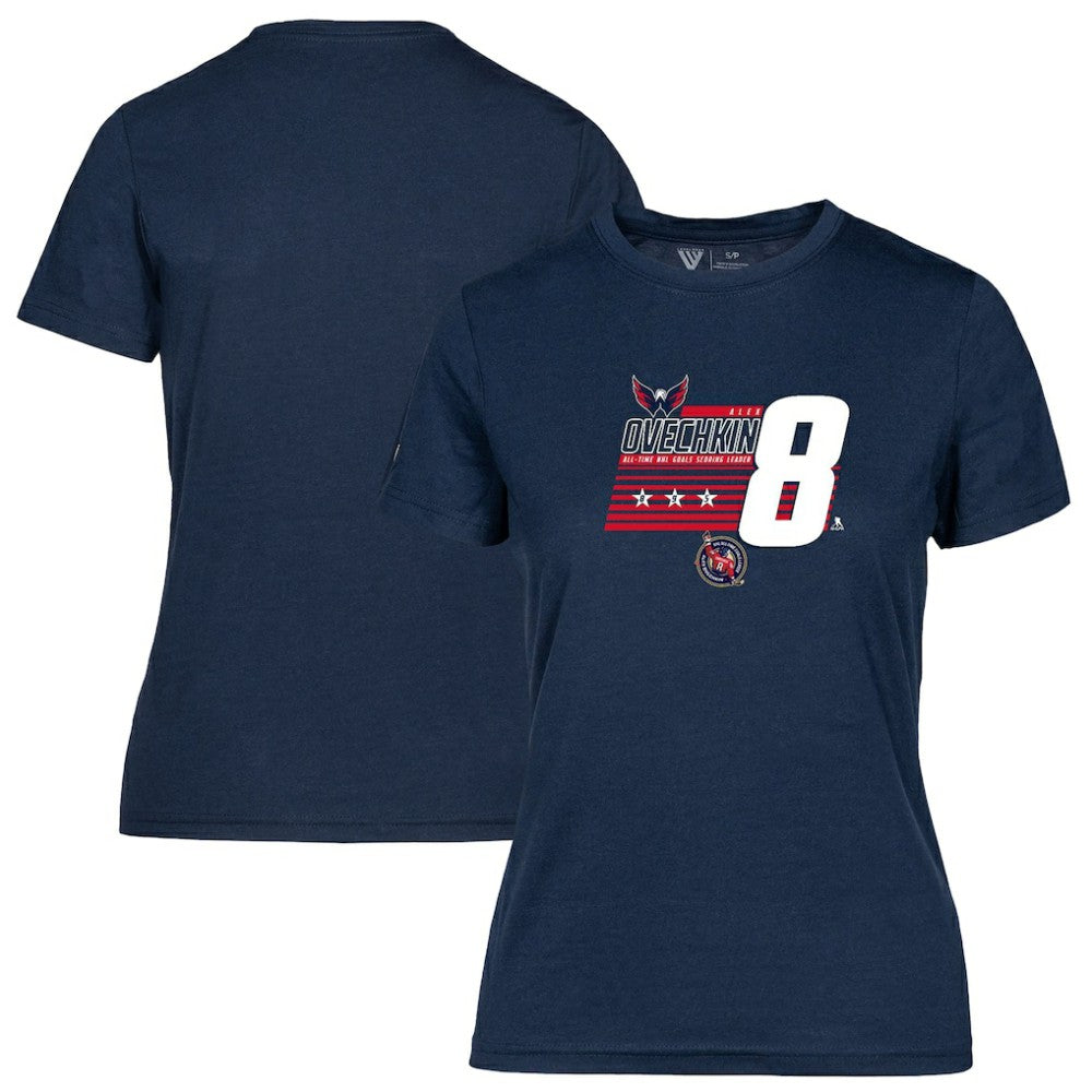Alexander Ovechkin Washington Capitals Levelwear Women's NHL All-Time Leading Goal Scorer Milestone Stripes Name & Number Maddox T-Shirt - Navy T-shirts