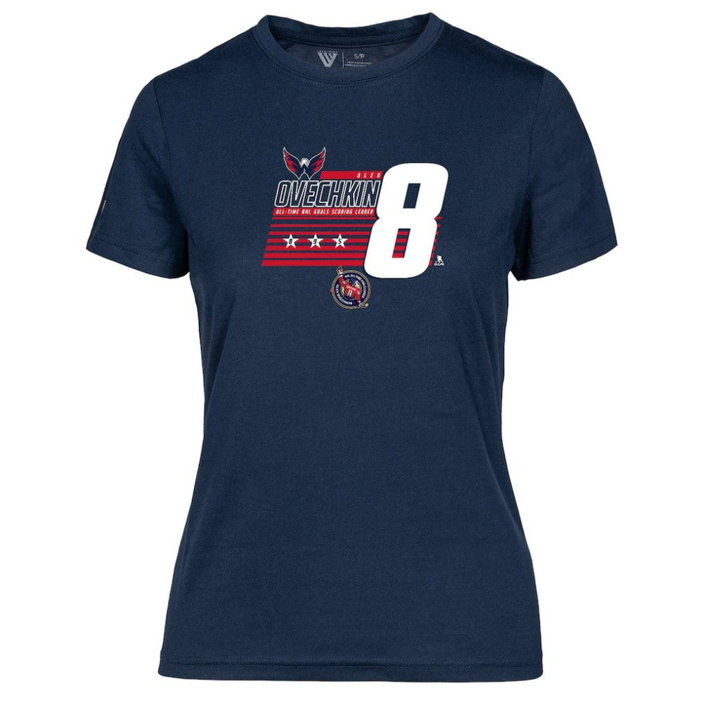 Alexander Ovechkin Washington Capitals Levelwear Women's NHL All-Time Leading Goal Scorer Milestone Stripes Name & Number Maddox T-Shirt - Navy T-shirts