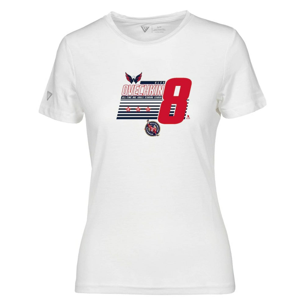 Alexander Ovechkin Washington Capitals Levelwear Women's NHL All-Time Leading Goal Scorer Milestone Stripes Name & Number Maddox T-Shirt - White T-shirts