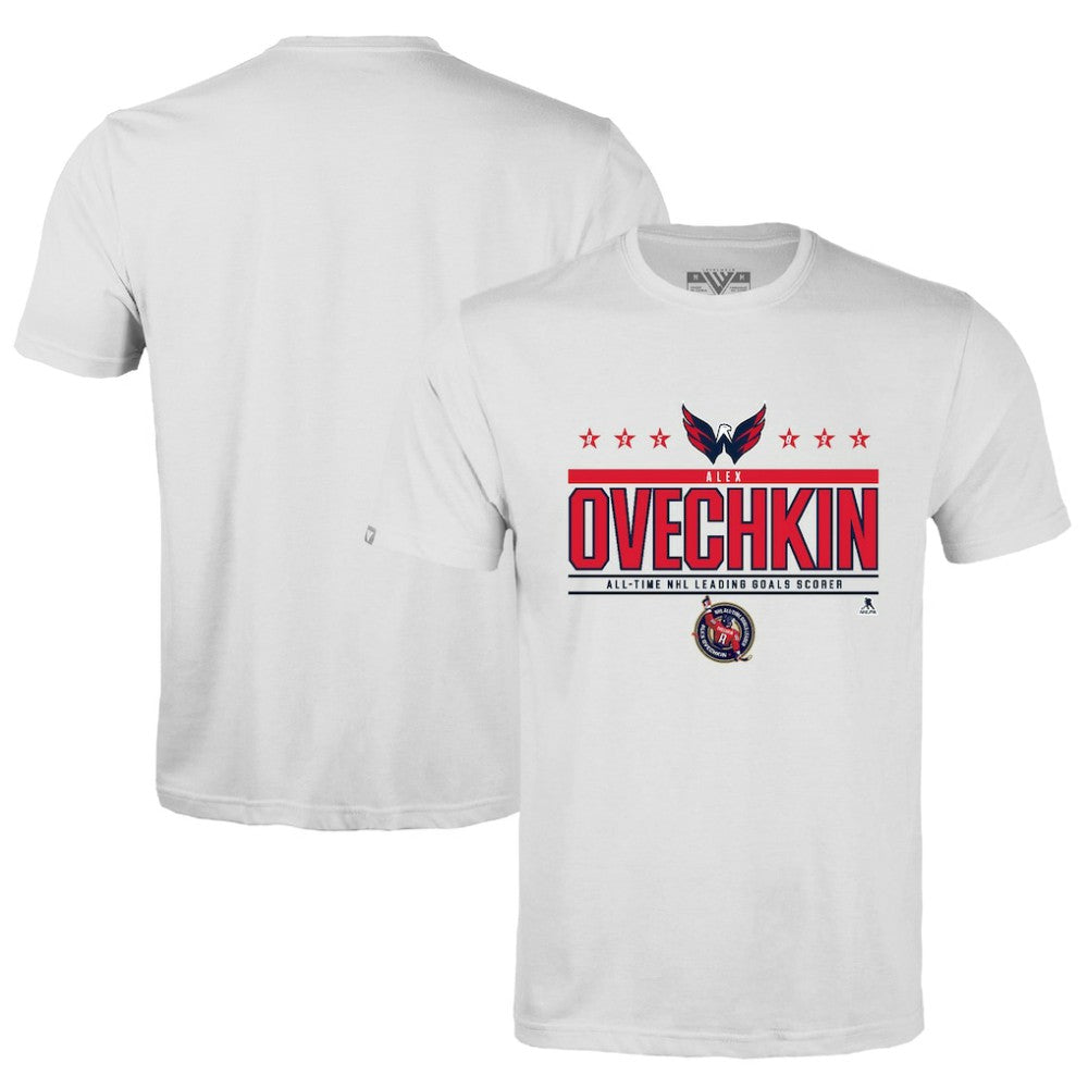 Alexander Ovechkin Washington Capitals Levelwear NHL All-Time Leading Goal Scorer Milestone Stars Name & Number Richmond T-Shirt - White T-shirts