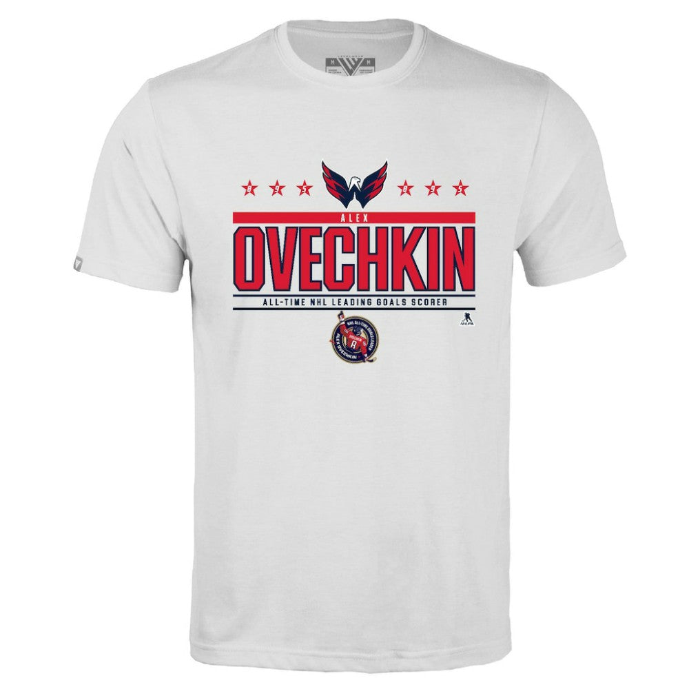 Alexander Ovechkin Washington Capitals Levelwear NHL All-Time Leading Goal Scorer Milestone Stars Name & Number Richmond T-Shirt - White T-shirts
