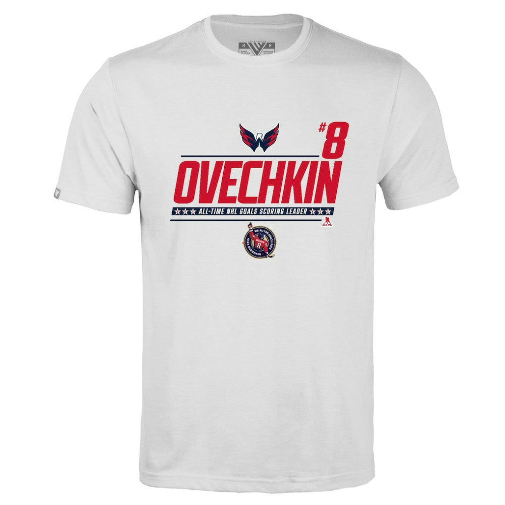 Alexander Ovechkin Washington Capitals Levelwear NHL All-Time Leading Goal Scorer Milestone Name & Number Richmond T-Shirt - White T-shirts