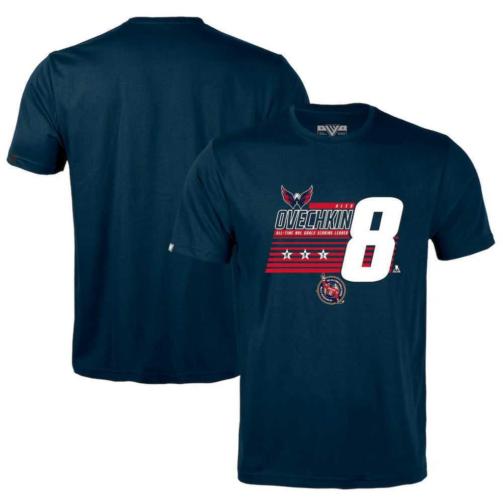 Alexander Ovechkin Washington Capitals Levelwear NHL All-Time Leading Goal Scorer Milestone Stripes Name & Number Richmond T-Shirt - Navy T-shirts