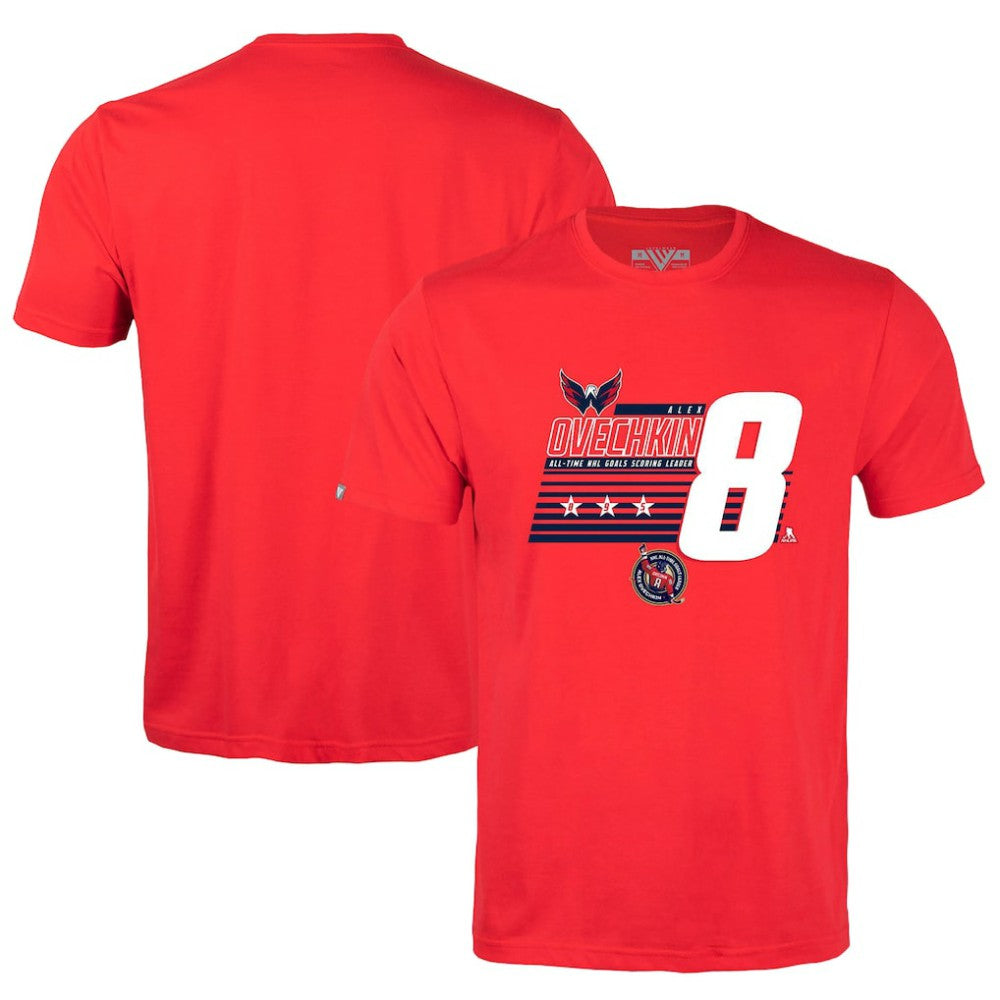 Alexander Ovechkin Washington Capitals Levelwear NHL All-Time Leading Goal Scorer Milestone Stripes Name & Number Richmond T-Shirt - Red T-shirts