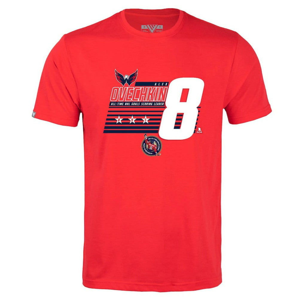 Alexander Ovechkin Washington Capitals Levelwear NHL All-Time Leading Goal Scorer Milestone Stripes Name & Number Richmond T-Shirt - Red T-shirts