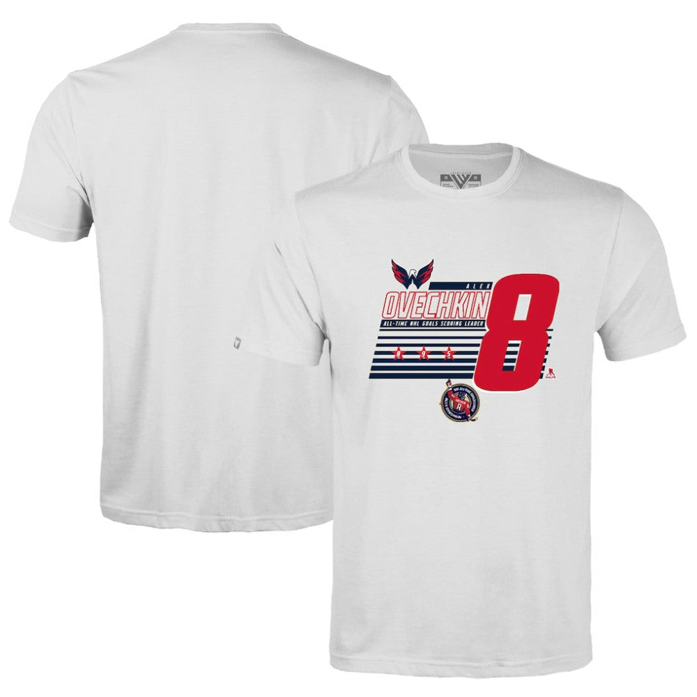 Alexander Ovechkin Washington Capitals Levelwear NHL All-Time Leading Goal Scorer Milestone Stripes Name & Number Richmond T-Shirt - White T-shirts