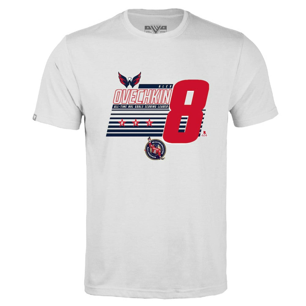 Alexander Ovechkin Washington Capitals Levelwear NHL All-Time Leading Goal Scorer Milestone Stripes Name & Number Richmond T-Shirt - White T-shirts