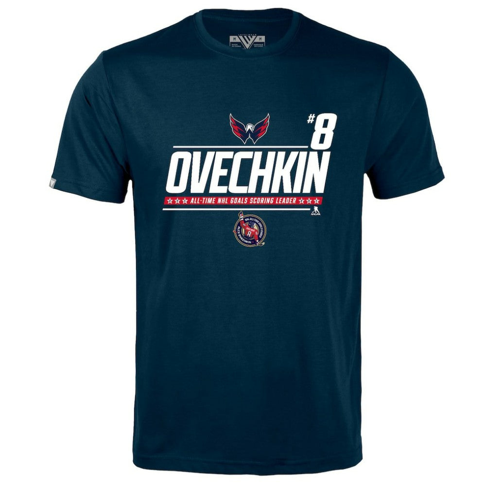 Alexander Ovechkin Washington Capitals Levelwear NHL All-Time Leading Goal Scorer Milestone Name & Number Richmond T-Shirt - Navy T-shirts