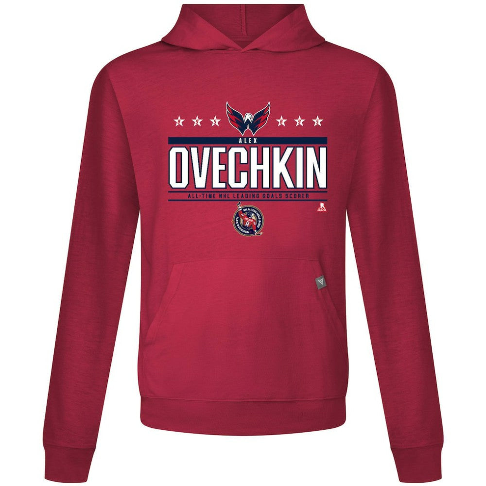 Alexander Ovechkin Washington Capitals Levelwear NHL All-Time Leading Goal Scorer Milestone Stars Name & Number Relay Pullover Hoodie - Red Hoodies