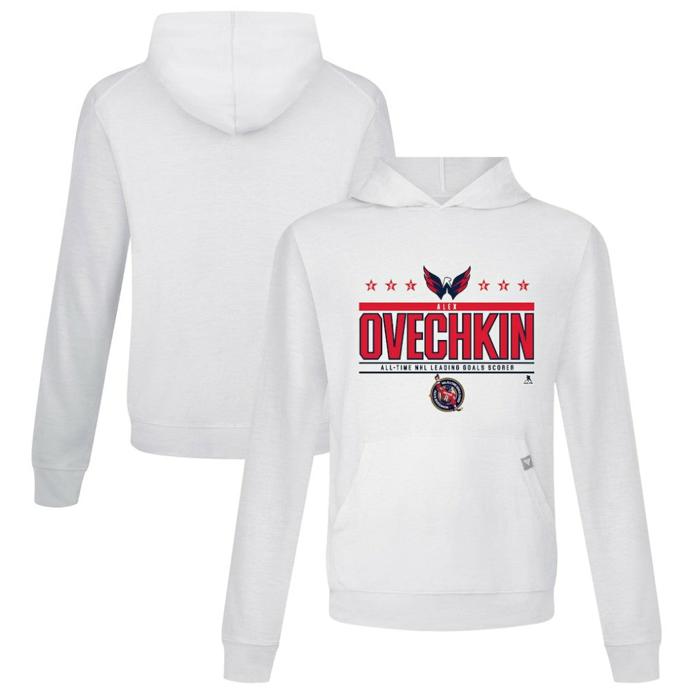 Alexander Ovechkin Washington Capitals Levelwear NHL All-Time Leading Goal Scorer Milestone Stars Name & Number Relay Pullover Hoodie - White Hoodies