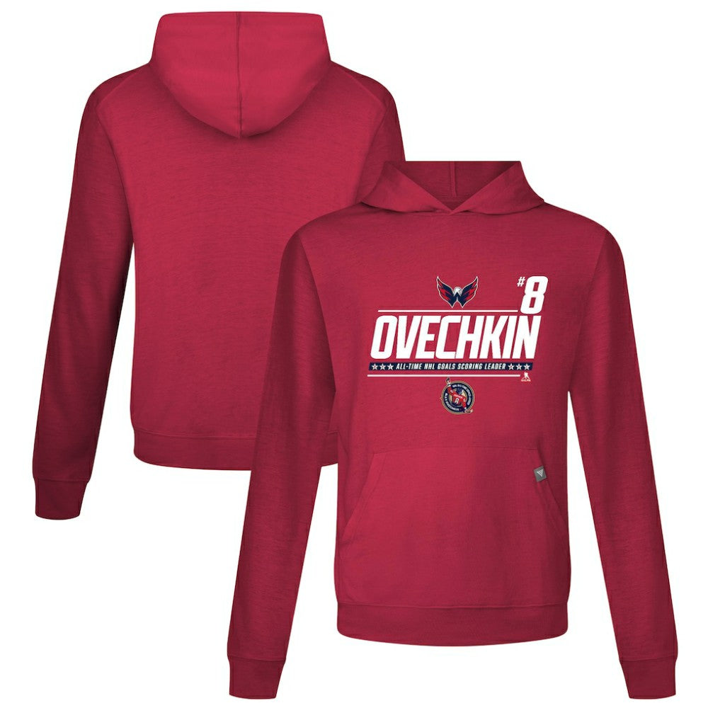 Alexander Ovechkin Washington Capitals Levelwear NHL All-Time Leading Goal Scorer Milestone Name & Number Relay Pullover Hoodie - Red Hoodies