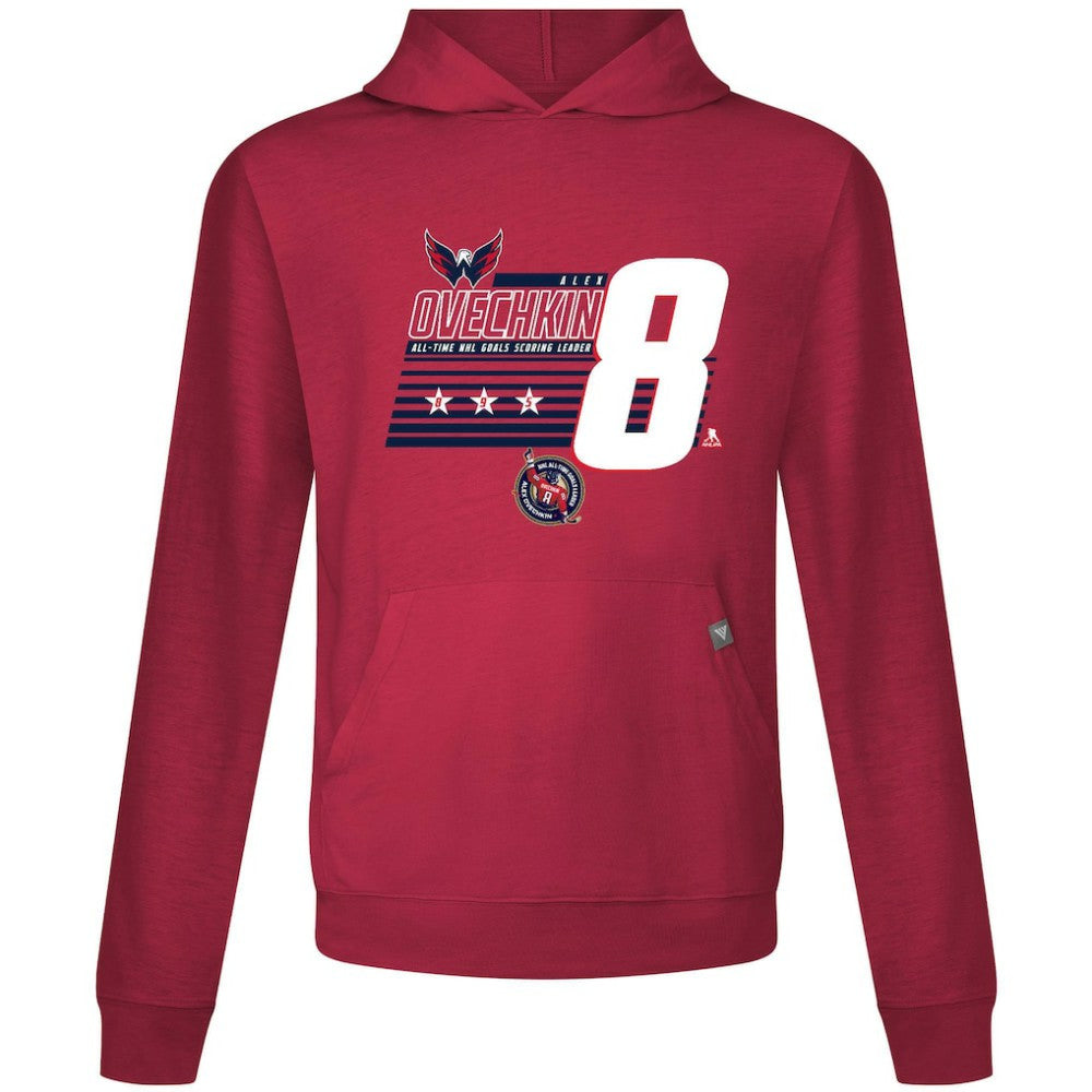 Alexander Ovechkin Washington Capitals Levelwear NHL All-Time Leading Goal Scorer Milestone Stripes Name & Number Relay Pullover Hoodie - Red Hoodies