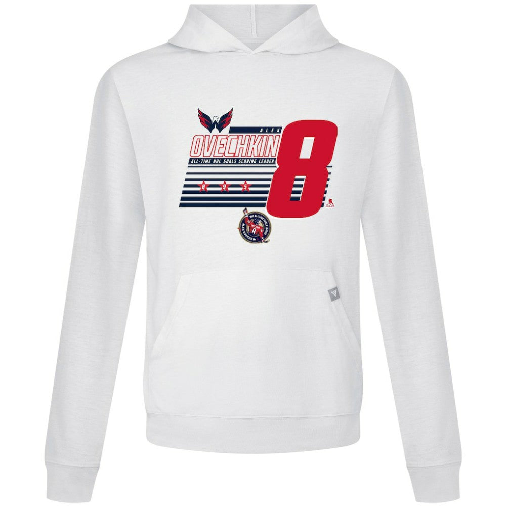 Alexander Ovechkin Washington Capitals Levelwear NHL All-Time Leading Goal Scorer Milestone Stripes Name & Number Relay Pullover Hoodie - White Hoodies