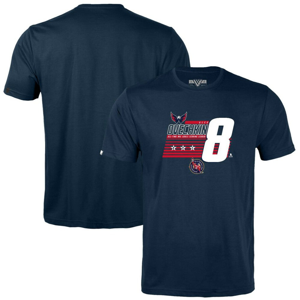 Alexander Ovechkin Washington Capitals Levelwear Youth NHL All-Time Leading Goal Scorer Milestone Stripes Name & Number Little Richmond T-Shirt - Navy T-shirts