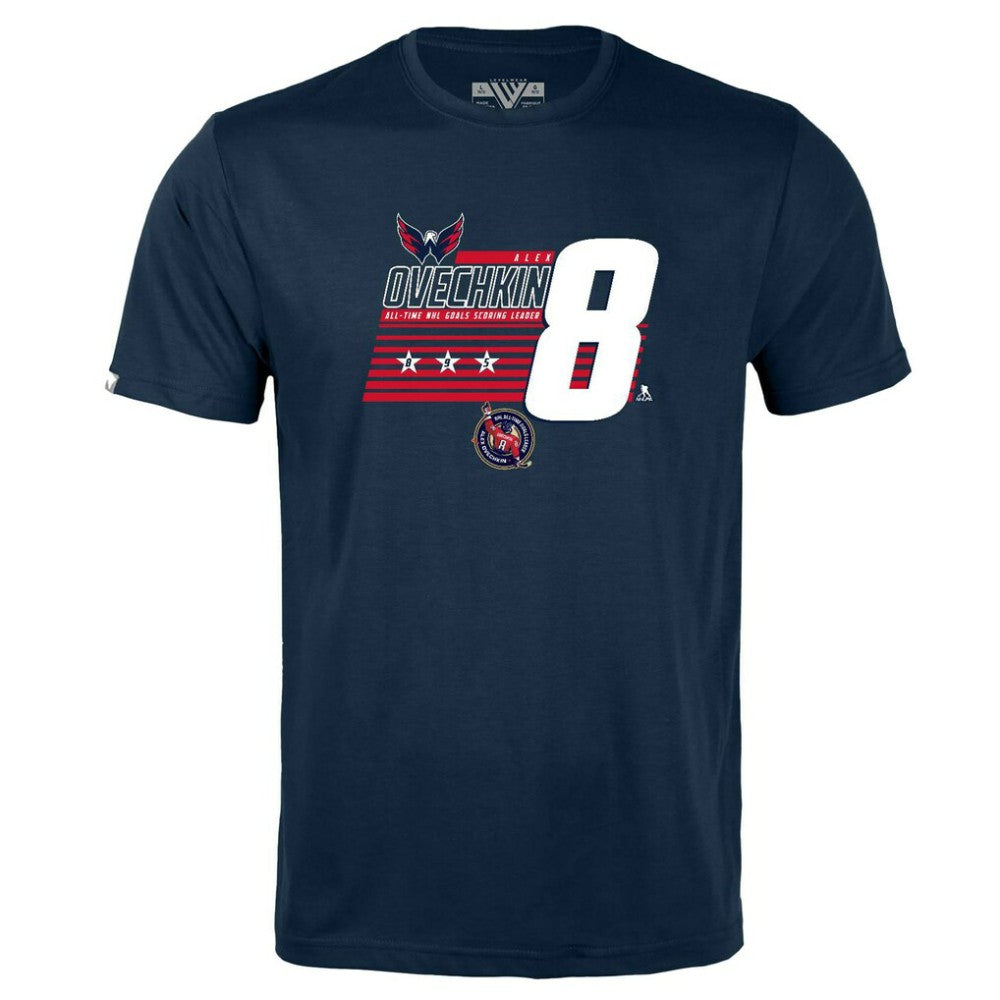Alexander Ovechkin Washington Capitals Levelwear Youth NHL All-Time Leading Goal Scorer Milestone Stripes Name & Number Little Richmond T-Shirt - Navy T-shirts