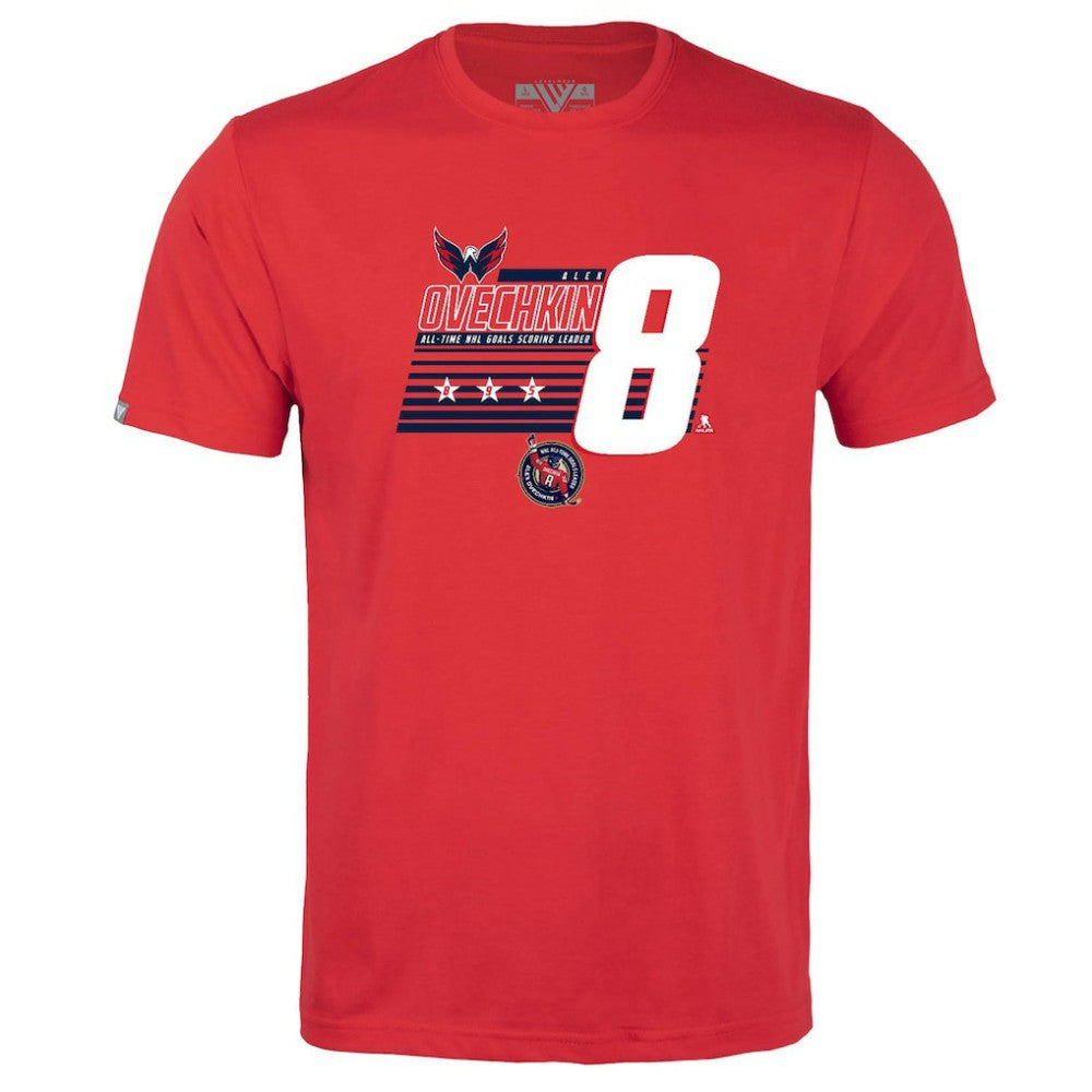 Alexander Ovechkin Washington Capitals Levelwear Youth NHL All-Time Leading Goal Scorer Milestone Stripes Name & Number Little Richmond T-Shirt - Red T-shirts