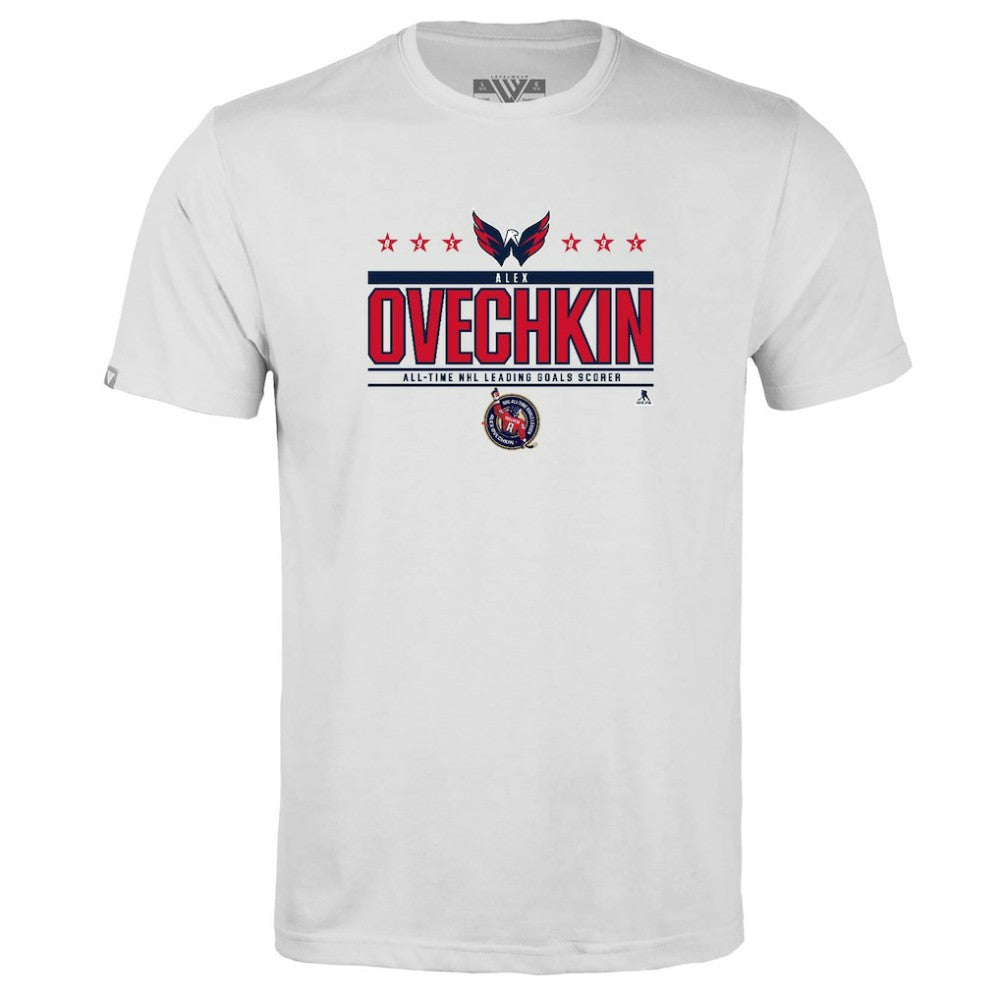 Alexander Ovechkin Washington Capitals Levelwear Youth NHL All-Time Leading Goal Scorer Milestone Stars Name & Number Little Richmond T-Shirt - White T-shirts