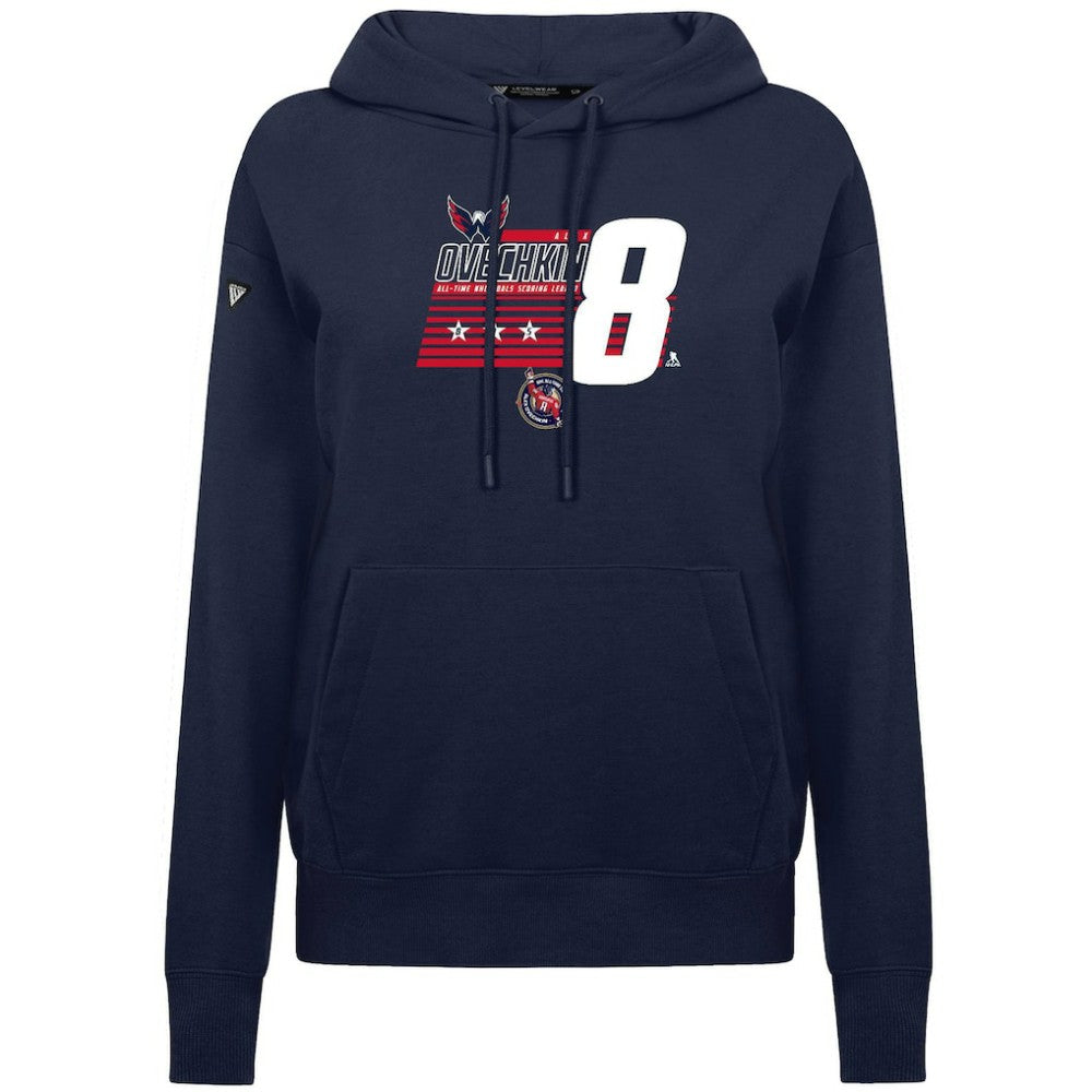 Alexander Ovechkin Washington Capitals Levelwear Women's NHL All-Time Leading Goal Scorer Milestone Stripes Name & Number Adorn Pullover Hoodie - Navy Hoodies