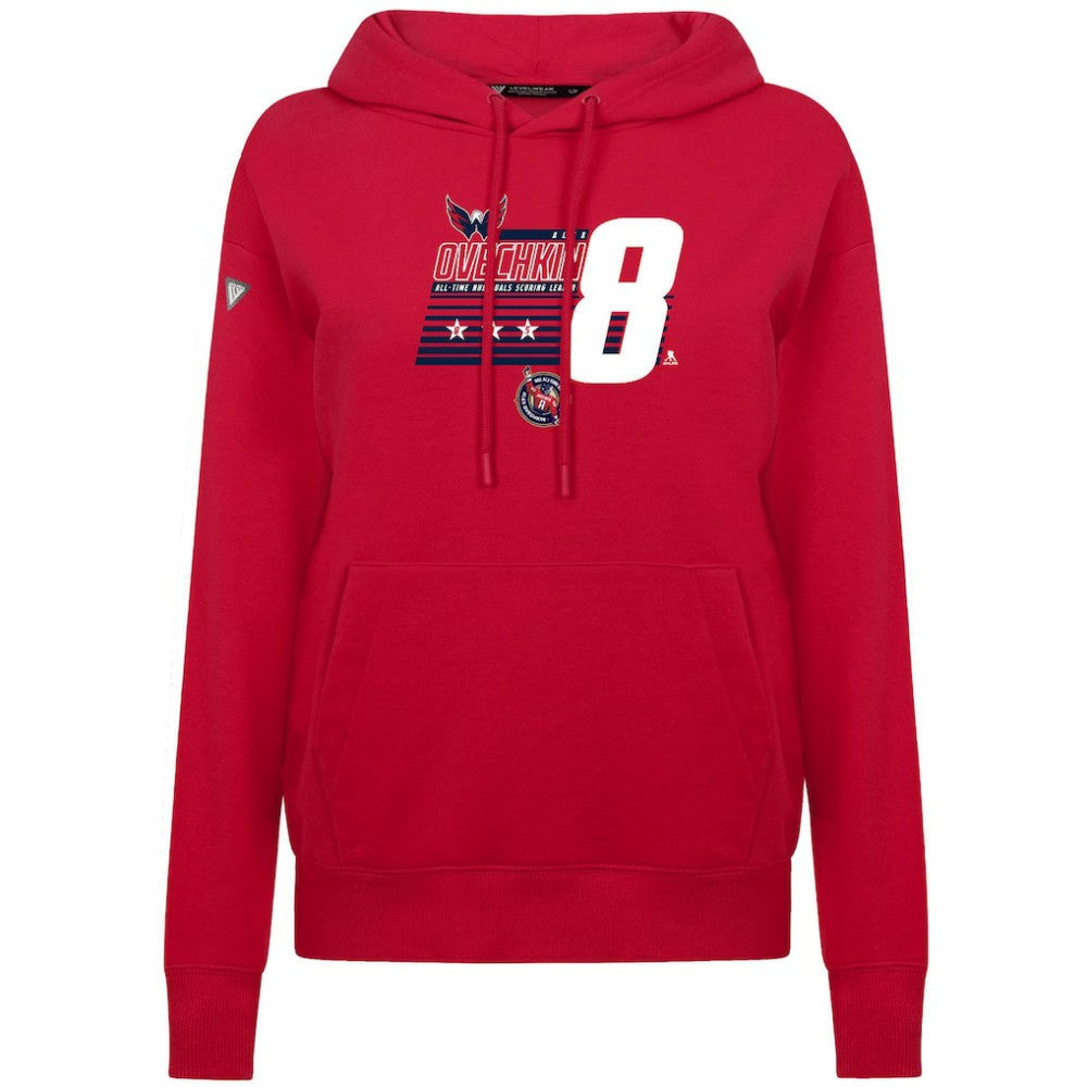 Alexander Ovechkin Washington Capitals Levelwear Women's NHL All-Time Leading Goal Scorer Milestone Stripes Name & Number Adorn Pullover Hoodie - Red Hoodies