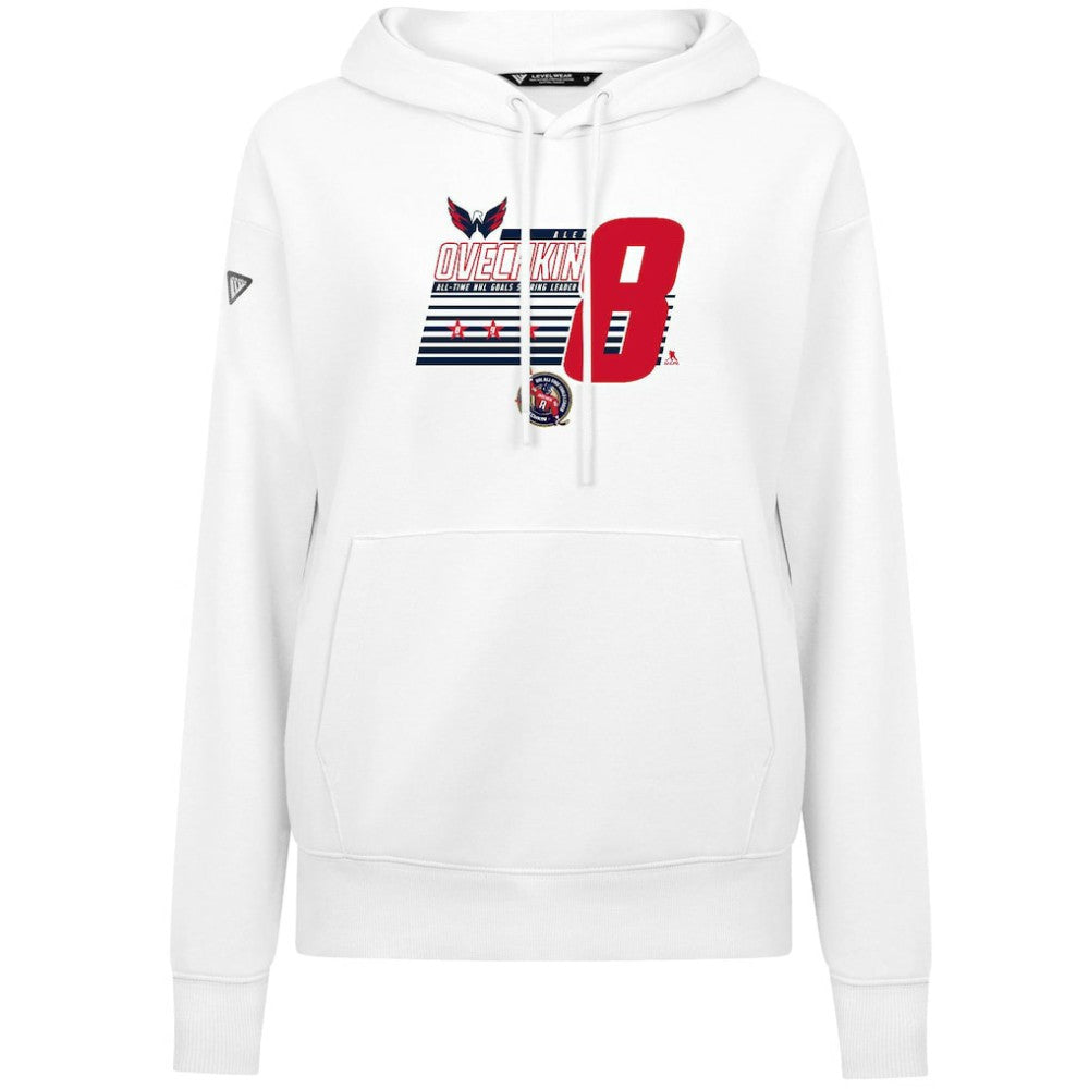 Alexander Ovechkin Washington Capitals Levelwear Women's NHL All-Time Leading Goal Scorer Milestone Stripes Name & Number Adorn Pullover Hoodie - White Hoodies
