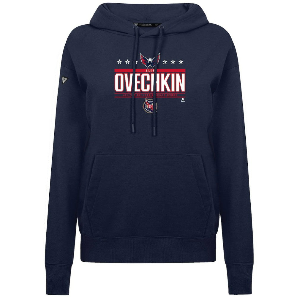 Alexander Ovechkin Washington Capitals Levelwear Women's NHL All-Time Leading Goal Scorer Milestone Stripes Name & Number Adorn Pullover Hoodie - Navy Hoodies