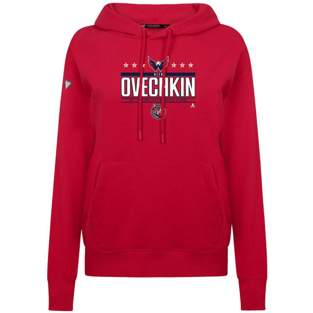 Alexander Ovechkin Washington Capitals Levelwear Women's NHL All-Time Leading Goal Scorer Milestone Stripes Name & Number Adorn Pullover Hoodie - Red Hoodies