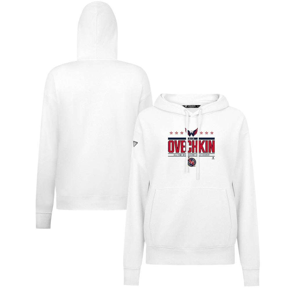 Alexander Ovechkin Washington Capitals Levelwear Women's NHL All-Time Leading Goal Scorer Milestone Stripes Name & Number Adorn Pullover Hoodie - White Hoodies