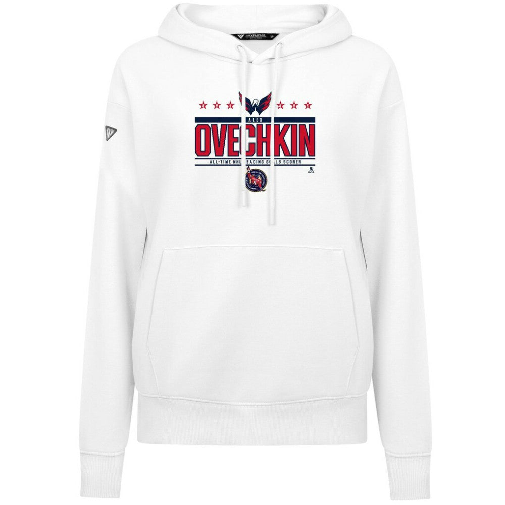 Alexander Ovechkin Washington Capitals Levelwear Women's NHL All-Time Leading Goal Scorer Milestone Stripes Name & Number Adorn Pullover Hoodie - White Hoodies