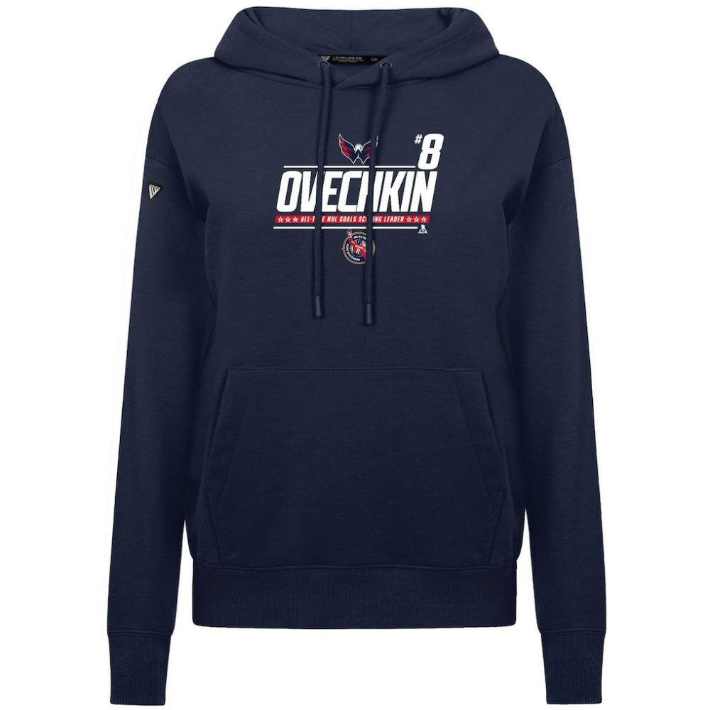 Alexander Ovechkin Washington Capitals Levelwear Women's NHL All-Time Leading Goal Scorer Milestone Stripes Name & Number Adorn Pullover Hoodie - Navy Hoodies