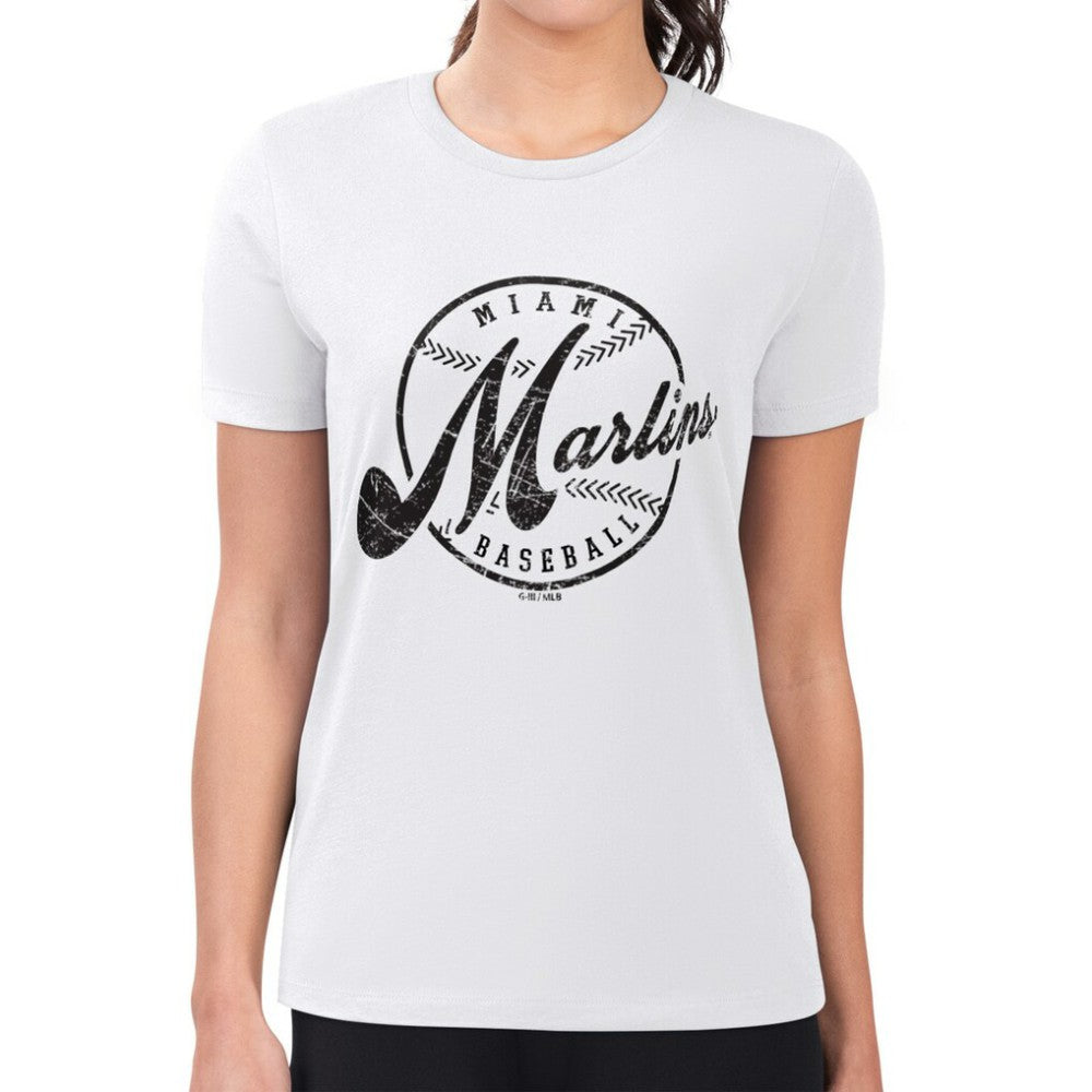 Miami Marlins G-III 4Her by Carl Banks Women's Super-Slim Fit Lightweight Distressed Baseball Team T-Shirt White