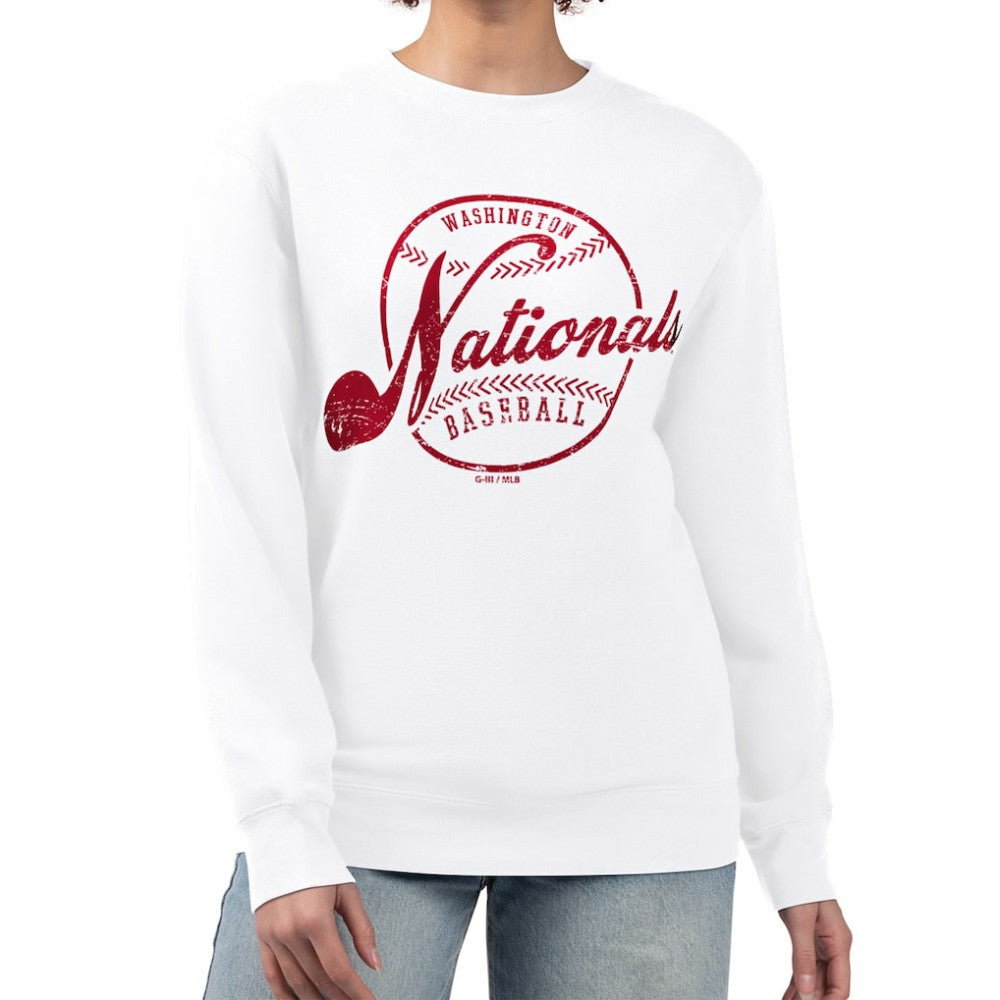 Washington Nationals G-III 4Her by Carl Banks Women's Distressed Baseball Team Fleece Pullover Sweatshirt White