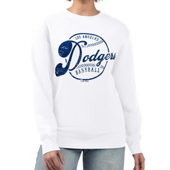 Los Angeles Dodgers G-III 4Her by Carl Banks Women's Distressed Baseball Team Fleece Pullover Sweatshirt White