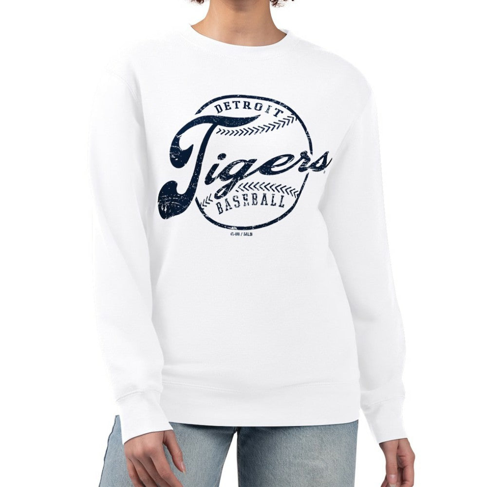 Detroit Tigers G-III 4Her by Carl Banks Women's Distressed Baseball Team Fleece Pullover Sweatshirt White