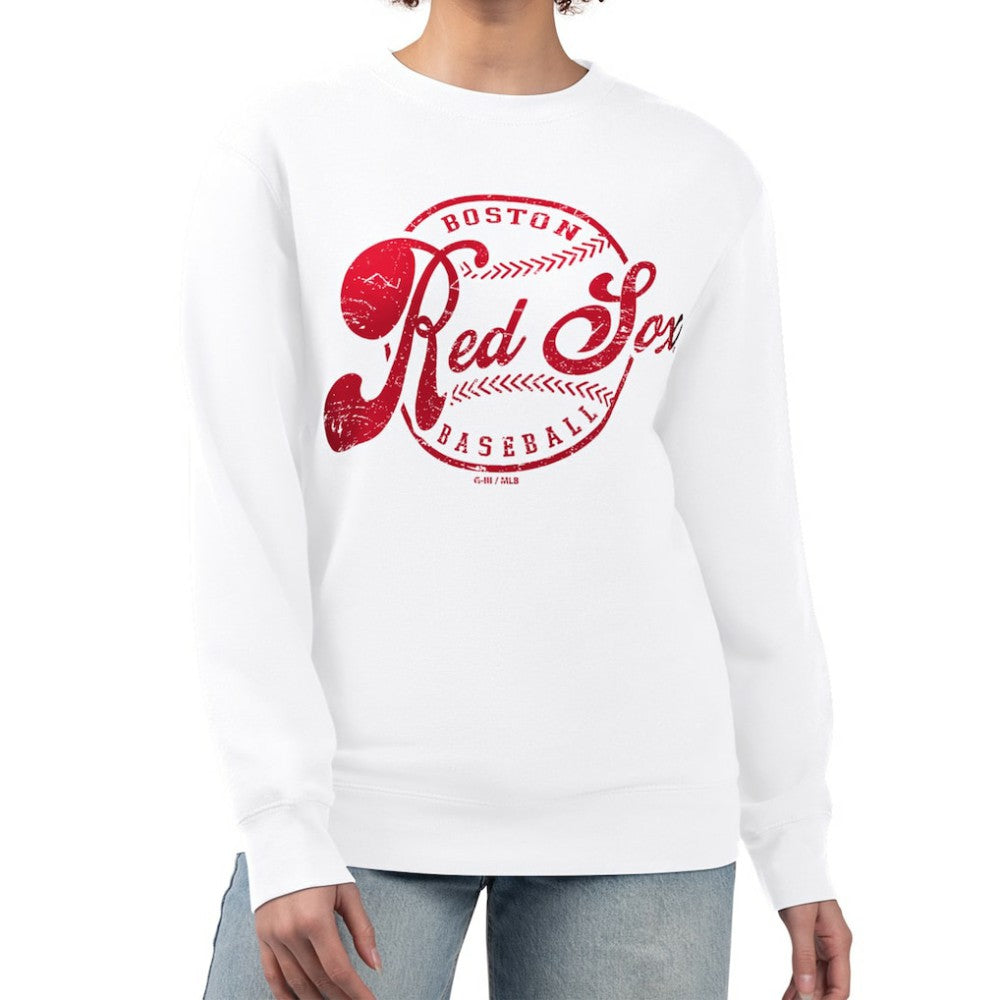 Boston Red Sox G-III 4Her by Carl Banks Women's Distressed Baseball Team Fleece Pullover Sweatshirt White