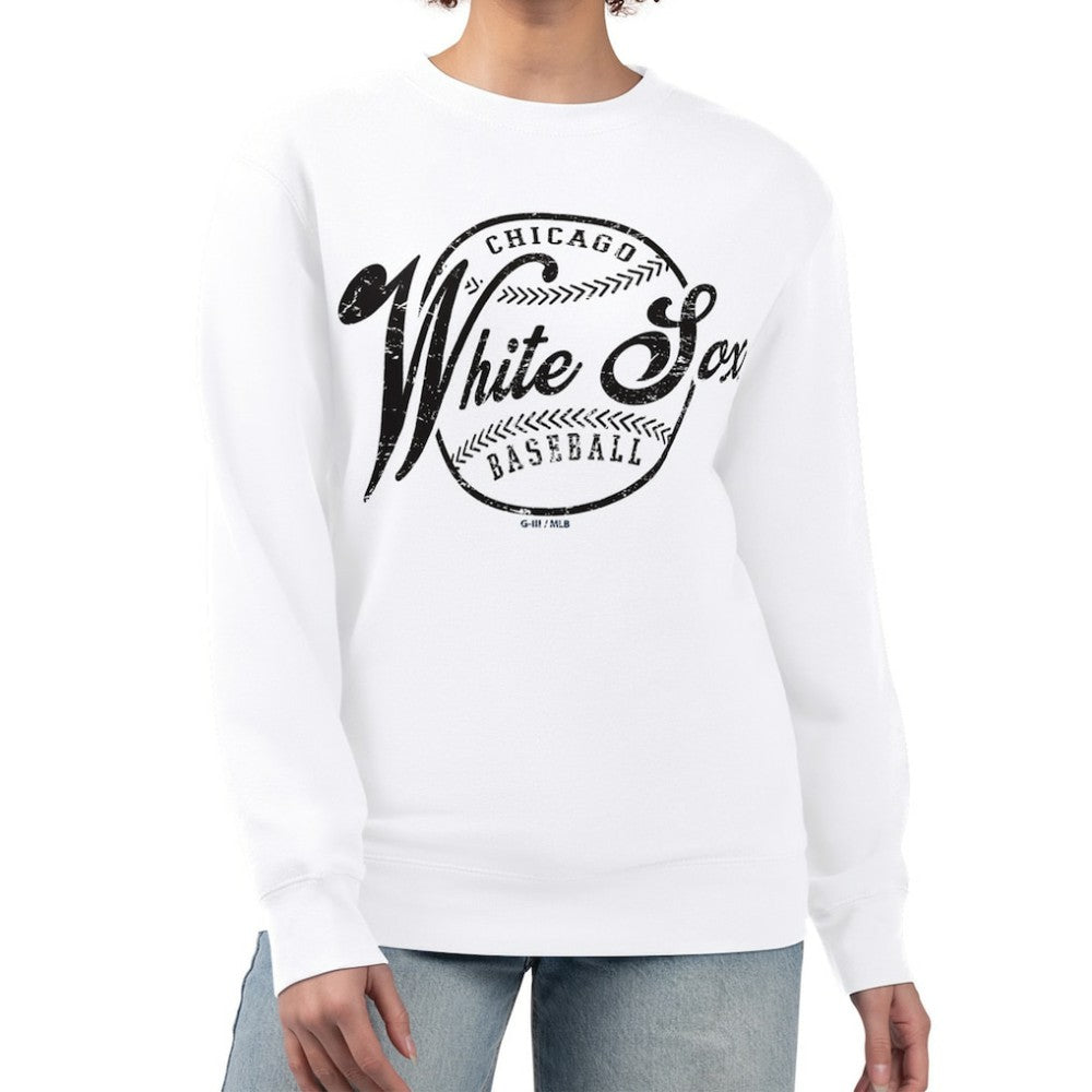 Chicago White Sox G-III 4Her by Carl Banks Women's Distressed Baseball Team Fleece Pullover Sweatshirt White