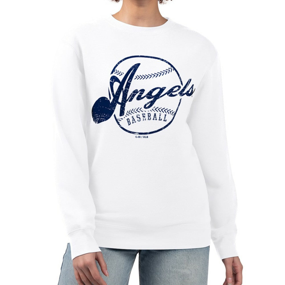 Los Angeles Angels G-III 4Her by Carl Banks Women's Distressed Baseball Team Fleece Pullover Sweatshirt White