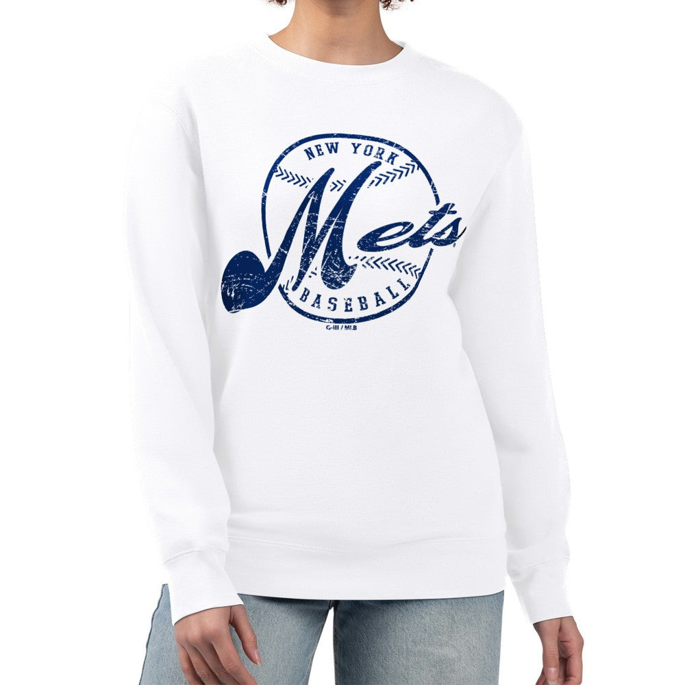 New York Mets G-III 4Her by Carl Banks Women's Distressed Baseball Team Fleece Pullover Sweatshirt White