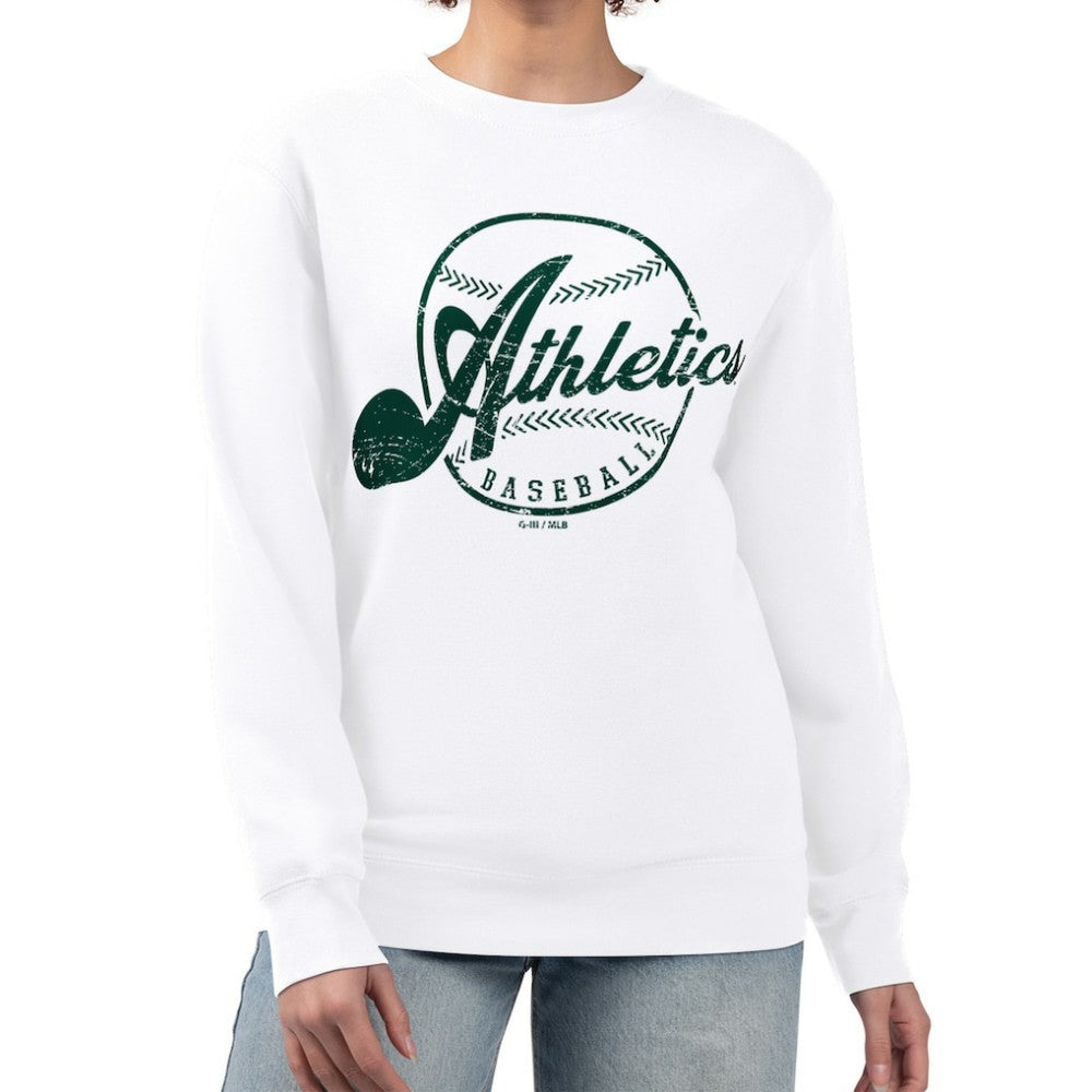 Athletics G-III 4Her by Carl Banks Women's Distressed Baseball Team Fleece Pullover Sweatshirt White