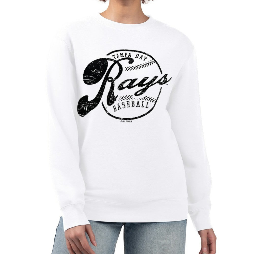 Tampa Bay Rays G-III 4Her by Carl Banks Women's Distressed Baseball Team Fleece Pullover Sweatshirt White