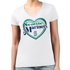 Seattle Mariners G-III 4Her by Carl Banks Women's Super-Slim Fit Lightweight Double Heart V-Neck T-Shirt White