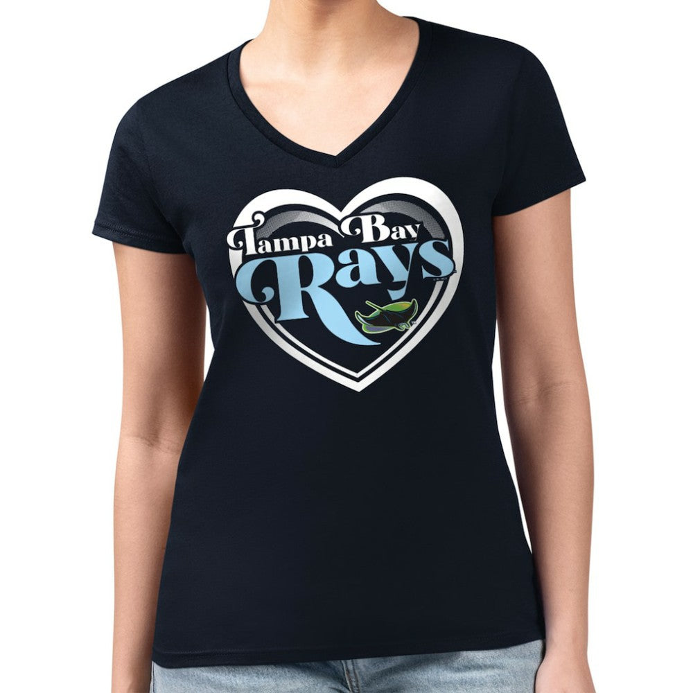 Tampa Bay Rays G-III 4Her by Carl Banks Women's Super-Slim Fit Lightweight Double Heart V-Neck T-Shirt Navy