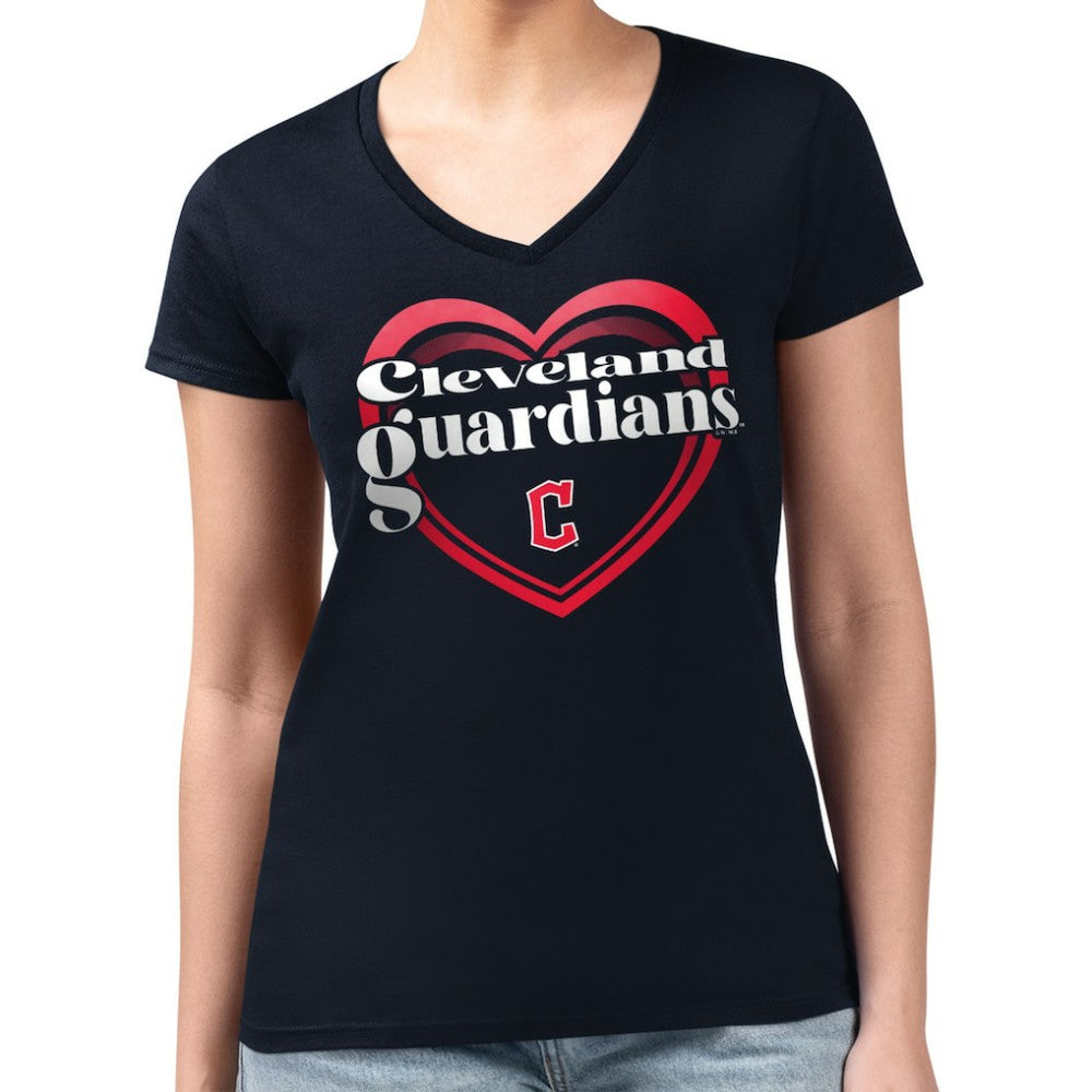 Cleveland Guardians G-III 4Her by Carl Banks Women's Super-Slim Fit Lightweight Double Heart V-Neck T-Shirt Navy