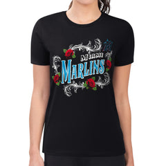 Miami Marlins G-III 4Her by Carl Banks Women's Super-Slim Fit Lightweight Retro Roses T-Shirt Black
