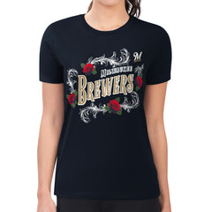 Milwaukee Brewers G-III 4Her by Carl Banks Women's Super-Slim Fit Lightweight Retro Roses T-Shirt Navy