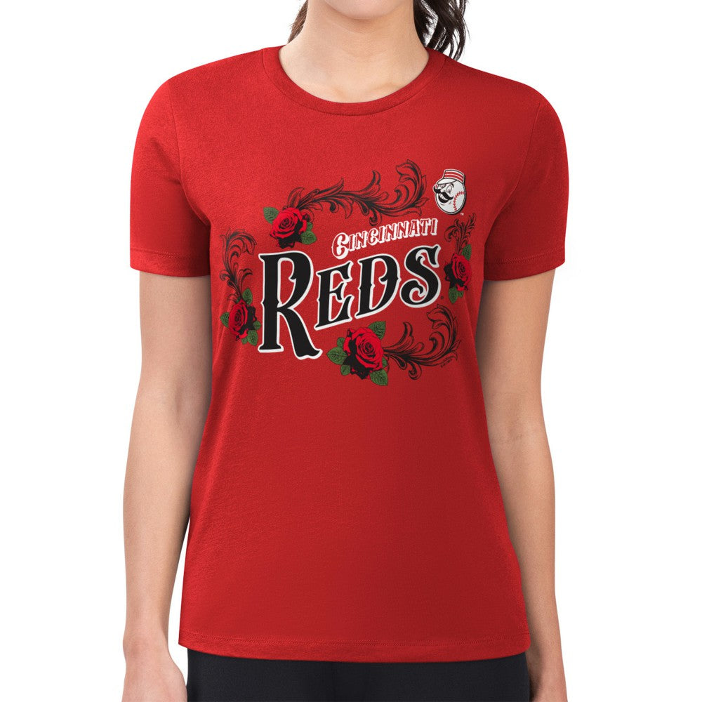 Cincinnati Reds G-III 4Her by Carl Banks Women's Super-Slim Fit Lightweight Retro Roses T-Shirt Red