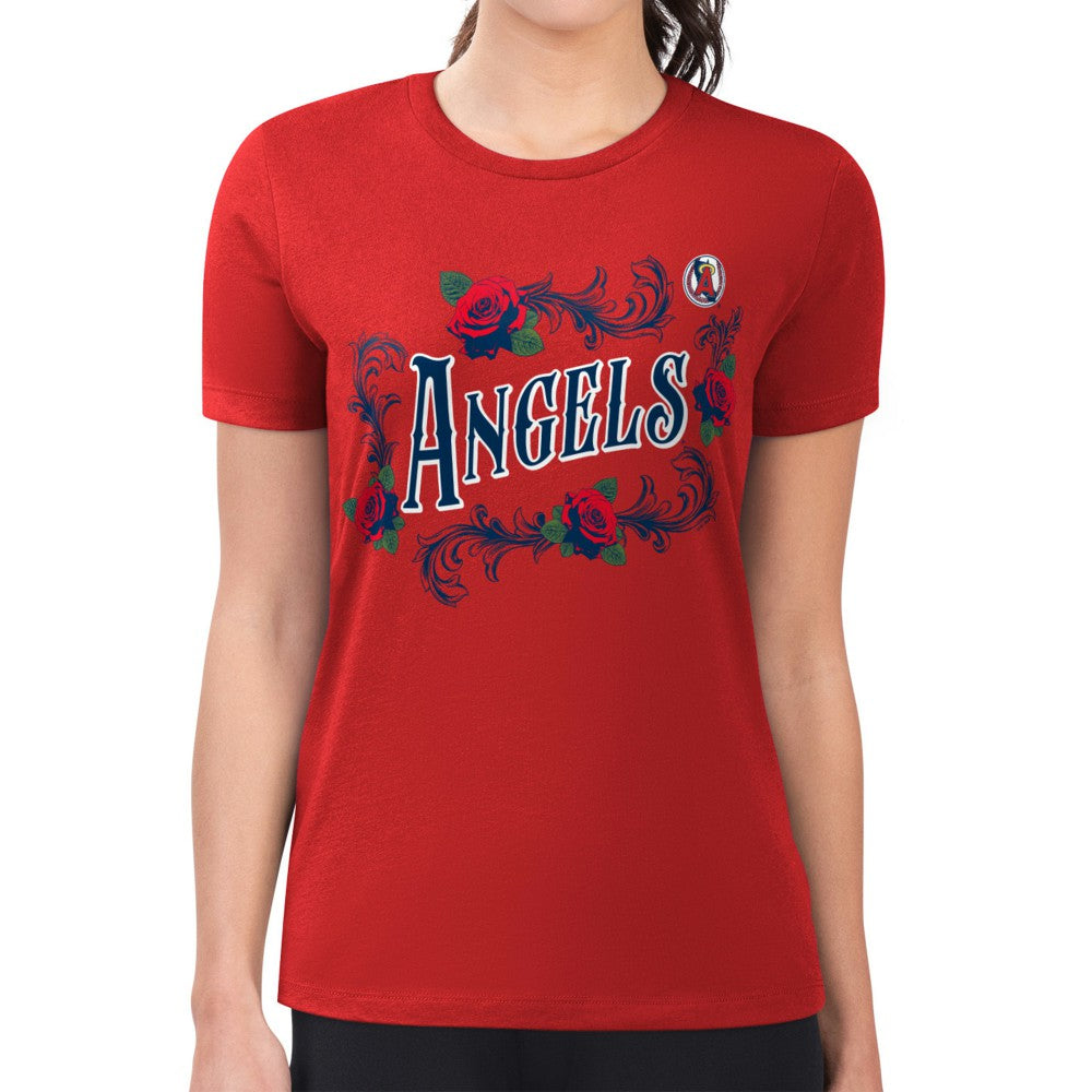 Los Angeles Angels G-III 4Her by Carl Banks Women's Super-Slim Fit Lightweight Retro Roses T-Shirt Red