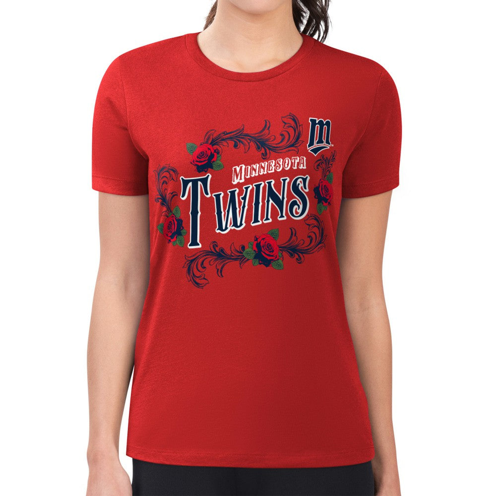 Minnesota Twins G-III 4Her by Carl Banks Women's Super-Slim Fit Lightweight Retro Roses T-Shirt Red