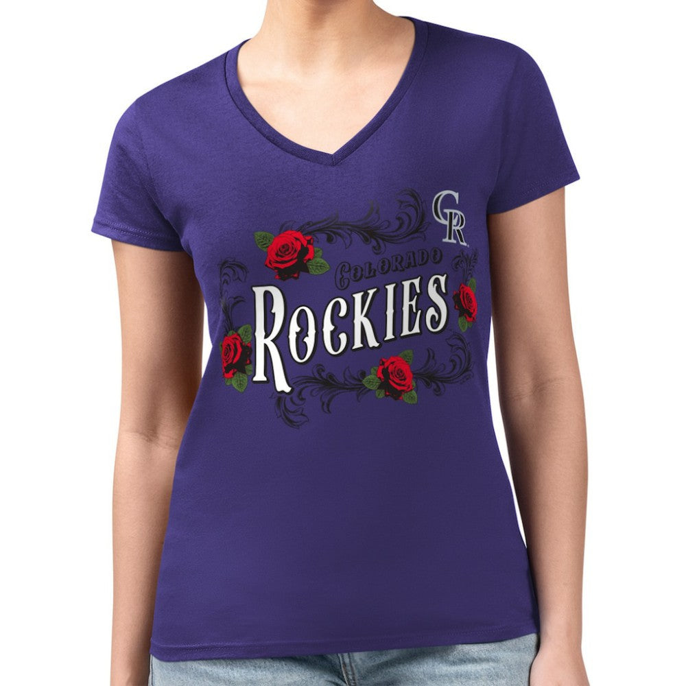Colorado Rockies G-III 4Her by Carl Banks Women's Super-Slim Fit Lightweight Retro Roses V-Neck T-Shirt Purple