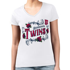 Minnesota Twins G-III 4Her by Carl Banks Women's Super-Slim Fit Lightweight Retro Roses V-Neck T-Shirt White